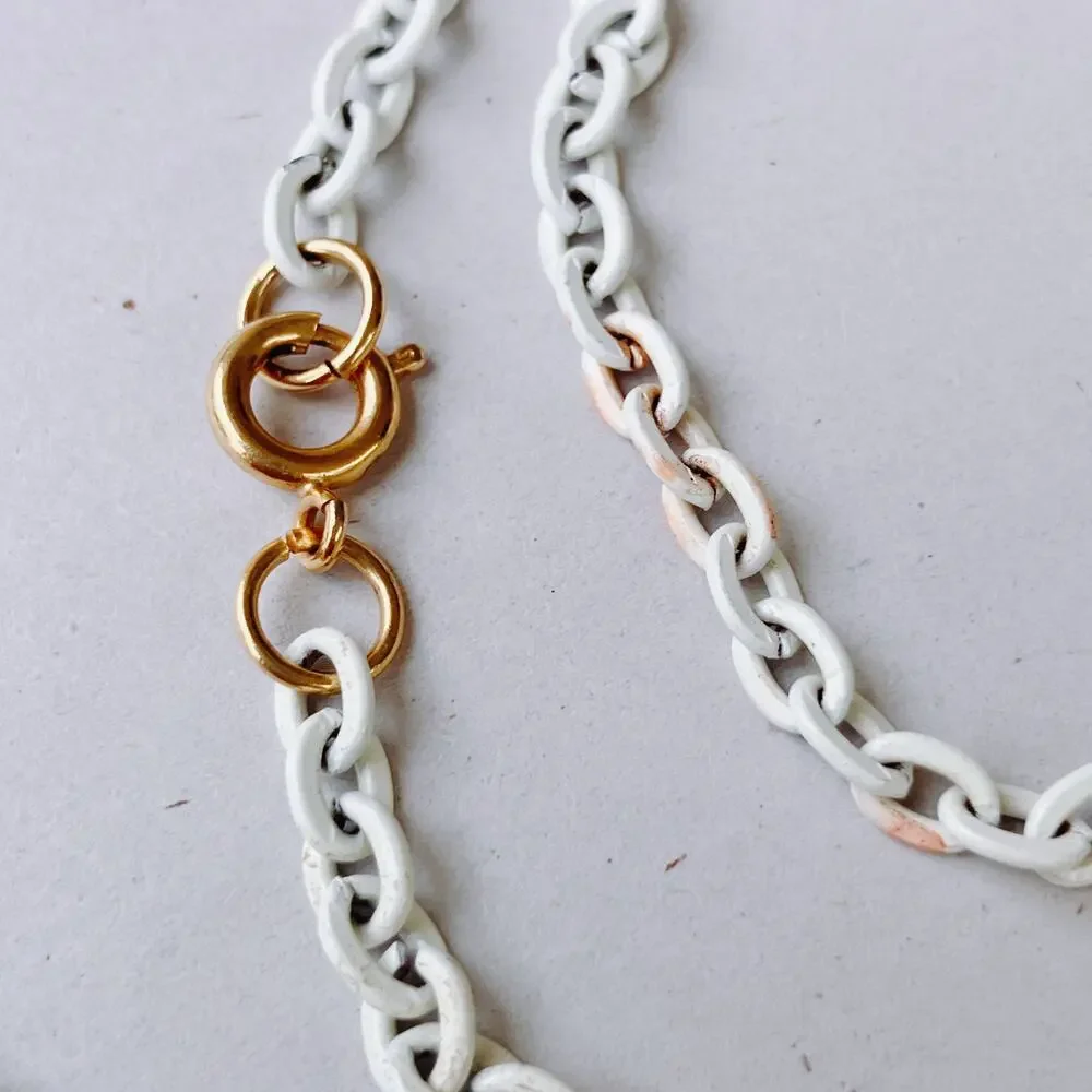 VTG 1960s 1970s Pendant Necklace White Enamel Filigree Mod Statement Jewelry
